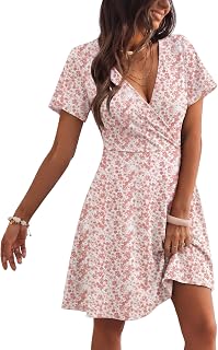 Womens Sundress Summer Floral Short Sleeve Wrap V Neck A-Line Midi Dress