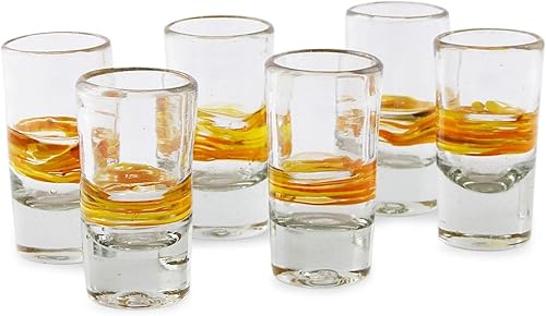 Miniatura 4 de NOVICA Vasos de chupito de tequila reciclados en espiral amarillos, hechos a mano, 2 onzas (6 unidades)