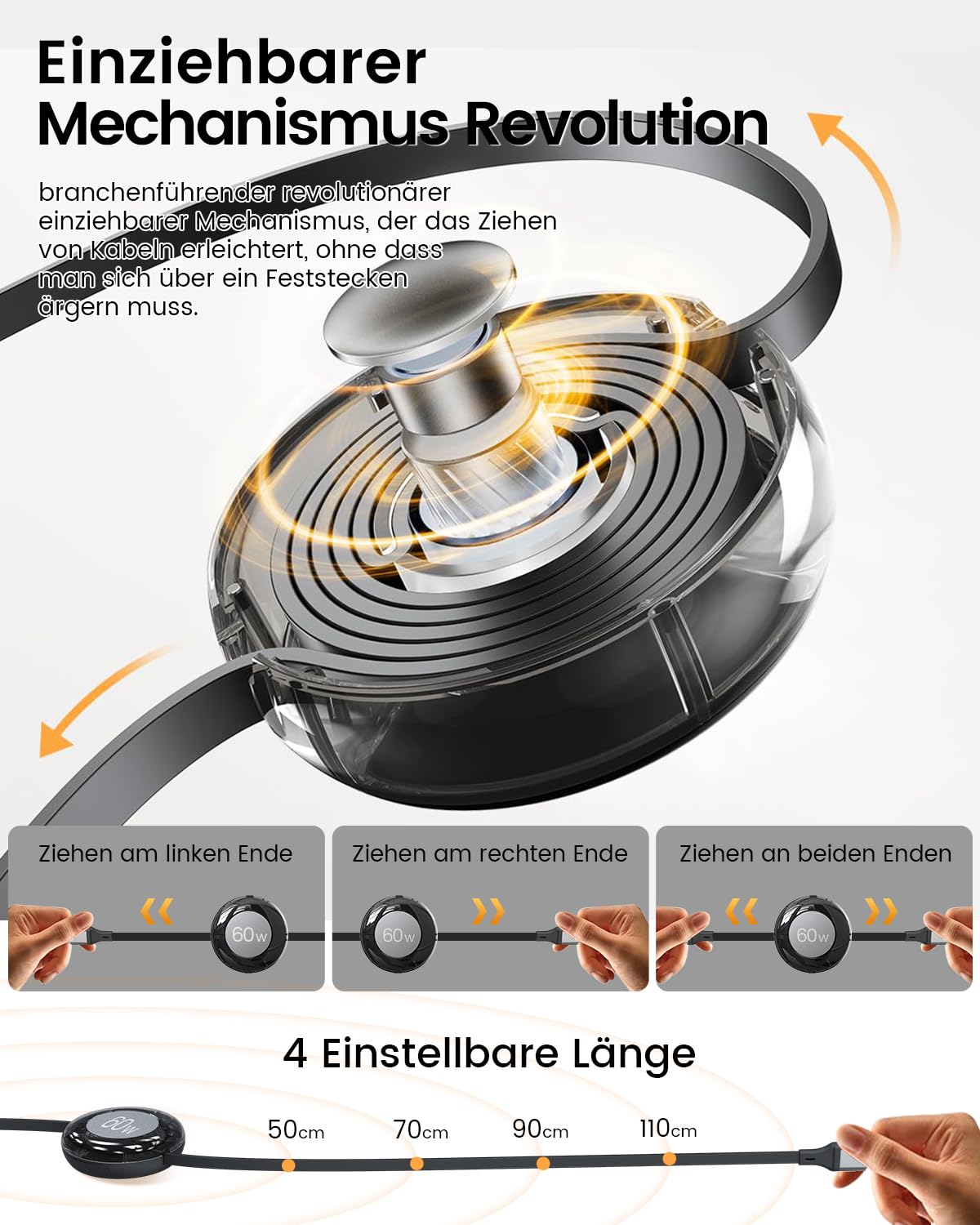 CAFELE 4-in-1 Einziehbares Ladekabel – 60W PD 3.0, PPS – USB-C/A Auf USB-C/Lightning – Länge 30-110 Cm Verstellbar