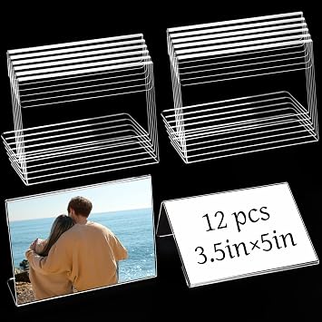 12 Pcs 3.5 x 5 Inch Acrylic Picture Frame Slant Back Sign Holders Clear Display Holder L Shaped Display Stand for Place Cards, Name Card, Wedding Signs