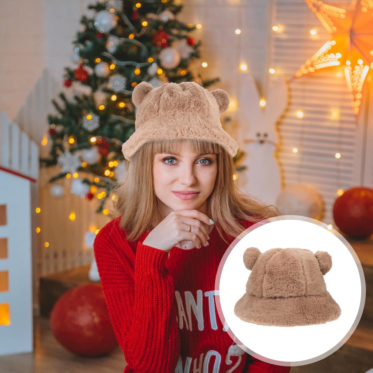Women Girls Little Bear Ear Plush Fisherman Winter Hat Khaki Felt