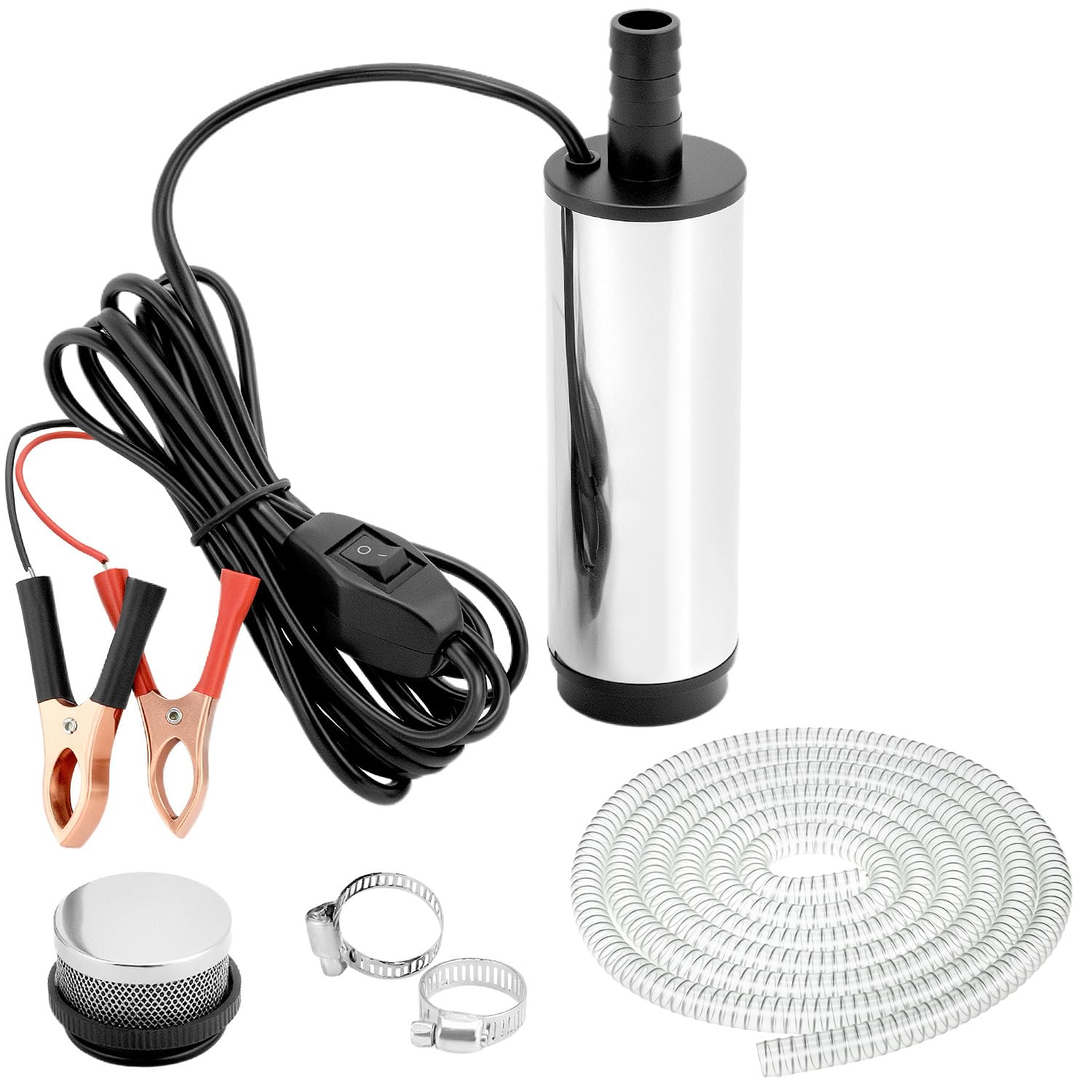 QWORK® 12 V 51 MM, pompa wody z klipsem, stal nierdzewna, przewód zasilający 3 m + wąż 4 m, do oleju napędowego, nafty, wody