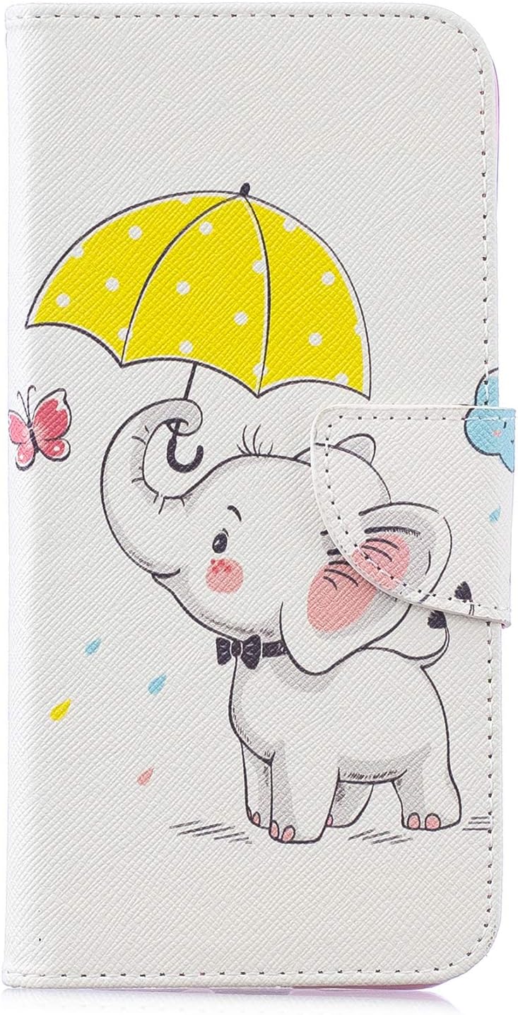 Huawei Y6 2019 Phone Case, Huawei Y6 Pro 2019 Case, PU Leather Wallet Case Flip TPU Shockproof Shell Slim Fit Protective Cover for Huawei Y6/Y6 Pro with Stand Magnetic Closure - Elephant & Umbrella