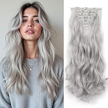 22 Inch Clip In Hair Extensions, Silver Grey Synthetic Hair Extension, Long Wavy Synthetic Hairpieces, Soft Invisible Clips in Thick Hairpieces for Women Daily22 Inch, 7 Pcs, Silver Grey