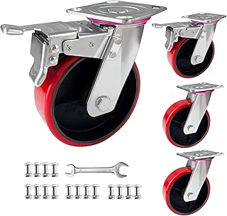 6inch Caster Wheels, Set of 4 Silent Polyurethane Swivel Wheels, 3600Lbs Capacity, Heavy Duty Industrial Steel Caster for Furniture, Platform Truck & Workbench (2 with Double Brakes & 2 Without)