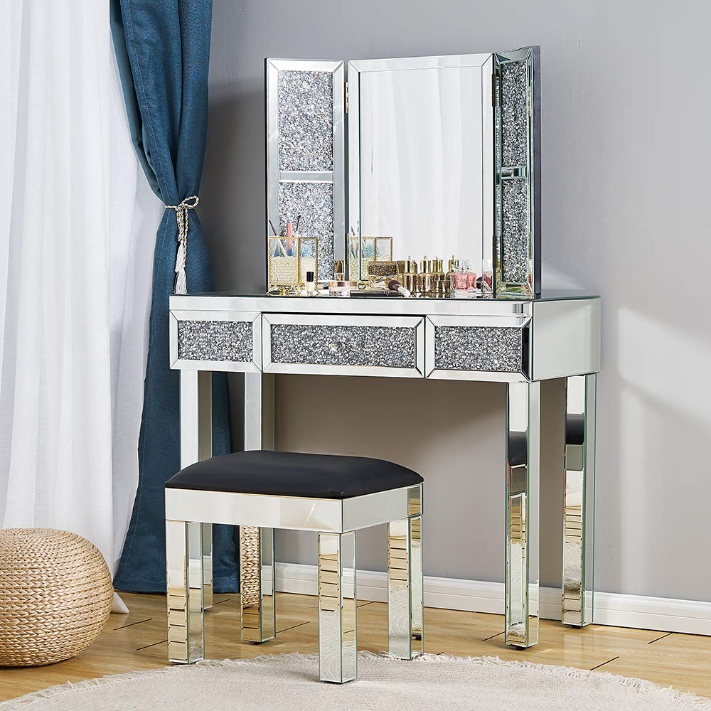 Mirrored 1 Drawer Dressing Table Cushioned Stool Trifold Mirror Dresser Set UK(Table+Mirror+Stool 1)