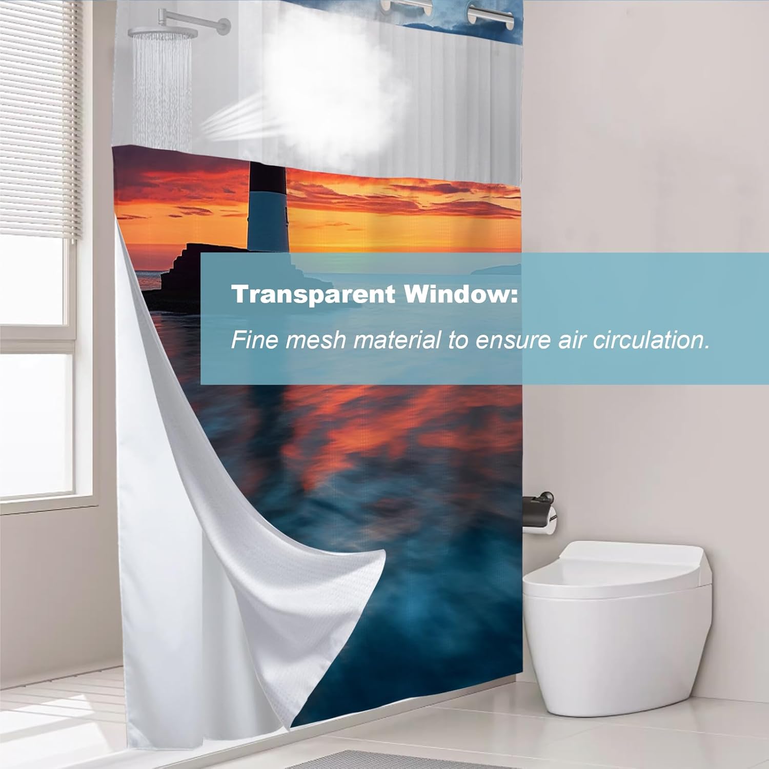 Lighthouse Ocean Shower Curtain for Bathroom, Waterproof Waffle Aesthetic Sunset Shower Curtain with Snap in Fabric Liner Set, Heavy Duty Bath Curtains Hotel Spa Luxury Polyester 72Wx74H No Hook