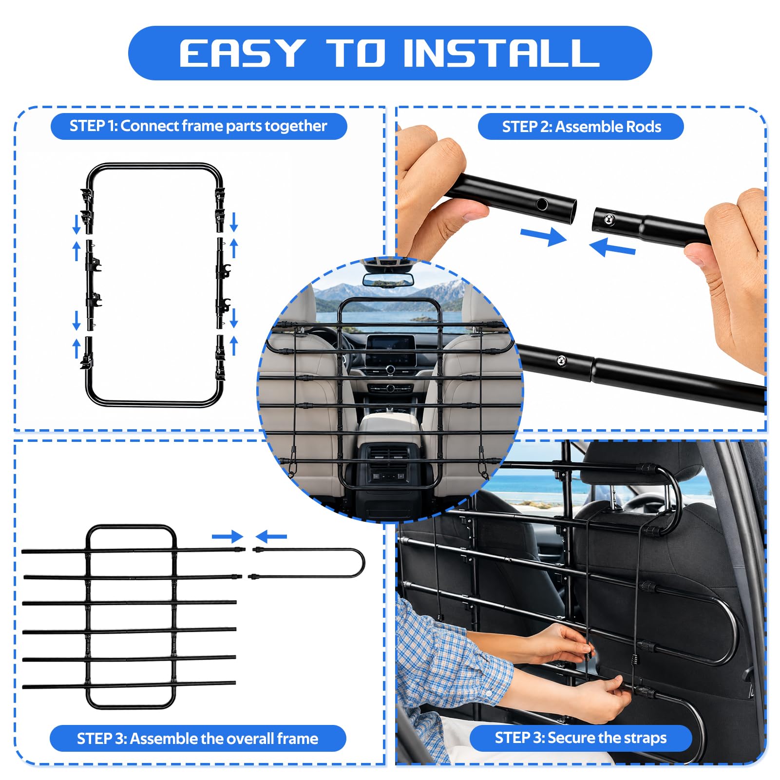 Barrera de coche para perros, para SUV, barrera resistente para mascotas, movimiento de asiento, ajustable de 94 a 165 cm de ancho, barrera para perros SUV y divisor de coche para perros