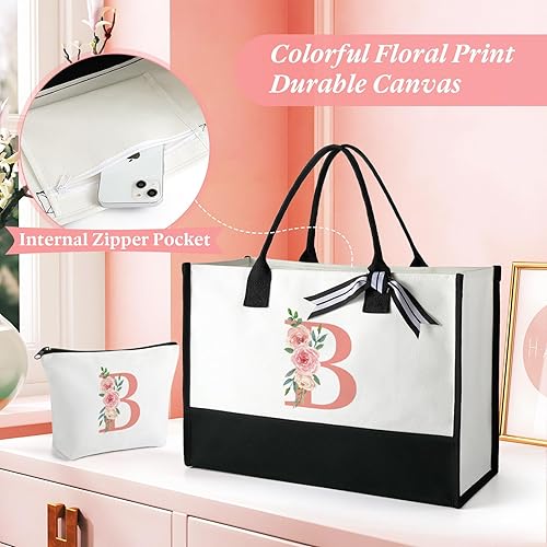 Miniatura 7 de Regalos personalizados para Navidad, regalos de cumpleaños iniciales florales para mujeres, bolsa de lona de monogramo con bolsa de maquillaje,