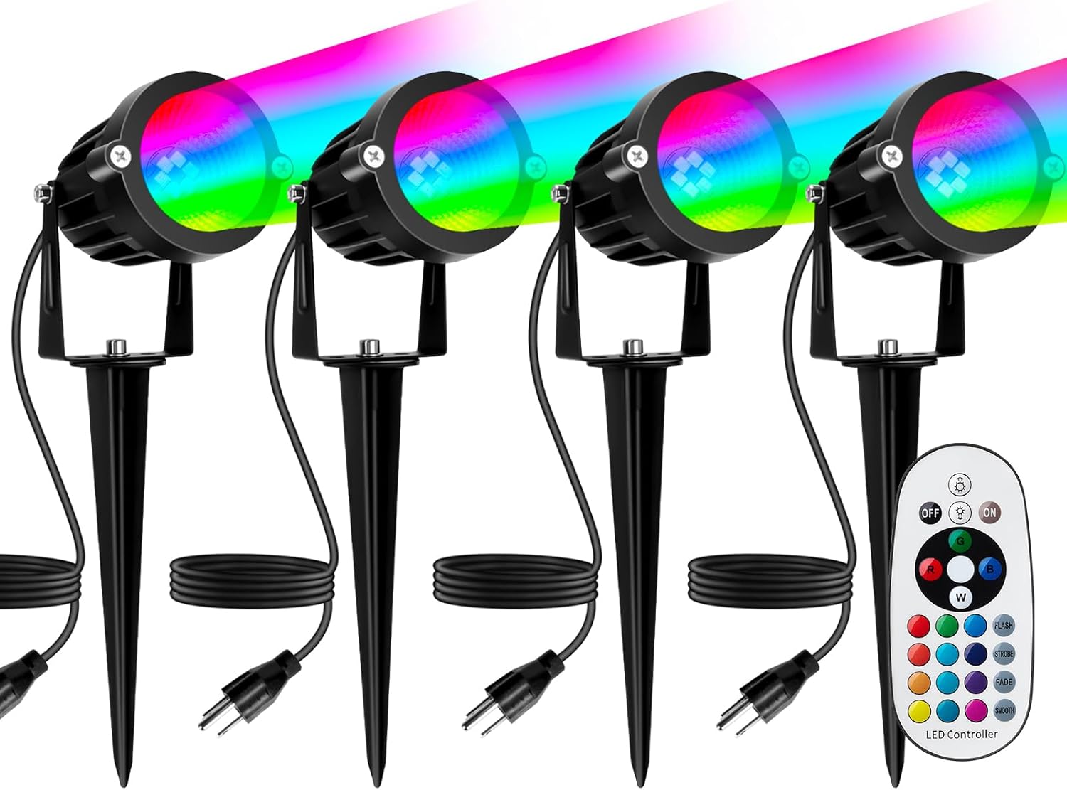 pyds christmas spotlights outdoor, 12w rgbw halloween spot lights with remote, 120v plug-in color changing led landscape lighting with ip65 waterproof for yard garden tree decor, 4 pack