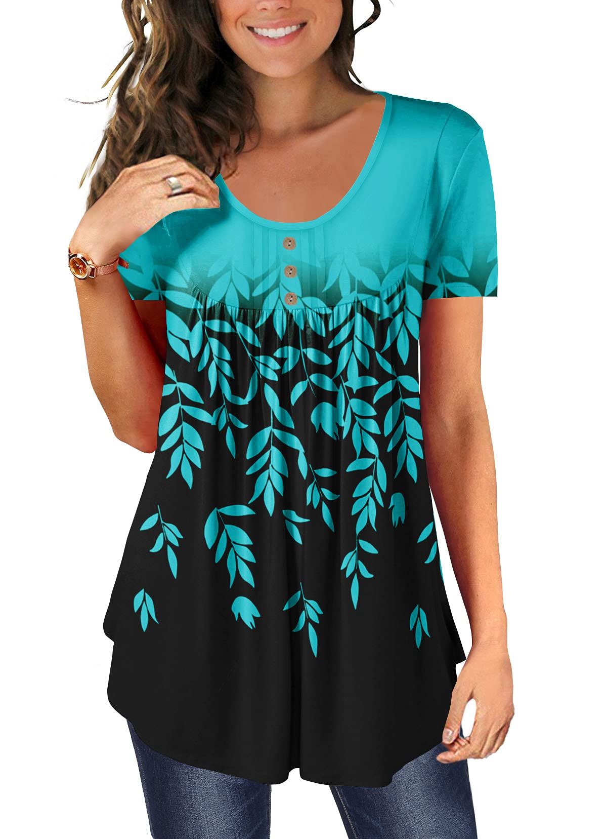 BeadChica Women's Tunic Tops For Leggings Short Sleeve Shirts Botton Up Casual Ruched Blouses Clothing