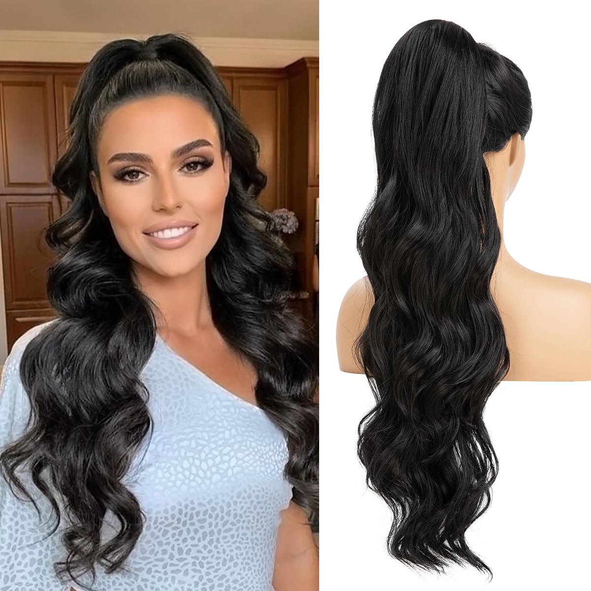 YUMOREAL Wavy Drawstring Ponytail Extensions Long 26 Inch Synthetic Fake Hairpiece for Women Off Black