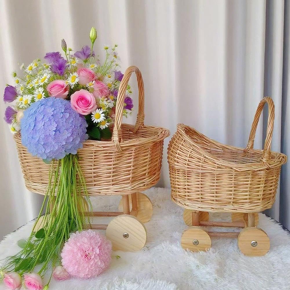Woven Rattan Stroller Shaped Flower Basket,Vintage Wicker Carriage Basket with Handle, Handwoven Floral Arrangement Holder,Rustic Home Decor for Flower Girl, Wedding & Baby Shower Decor, (Brown L)