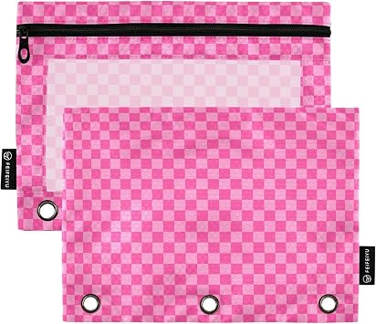 Pink Checkered Pencil Pouch for 3 Ring Binder 2 Pack Binder Pencil Pouches Zippered Clear Pencil Case Cosmetic Bag for Home Office College Supplies