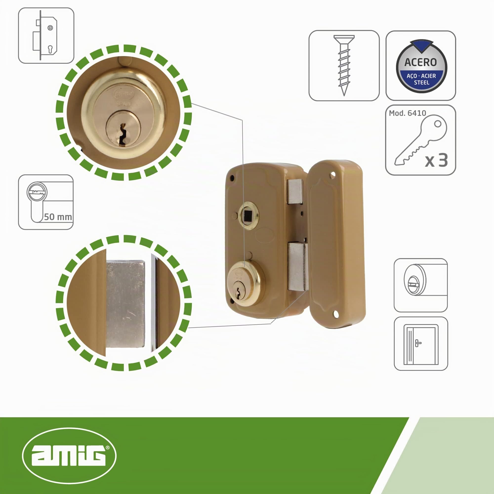 Amig - Serratura da sovrapposizione a destra con leva di chiusura, linguetta e maniglia per porte in legno mod. 75UN 66 x 120 mm Cilindro rotondo di sicurezza in acciaio dorato