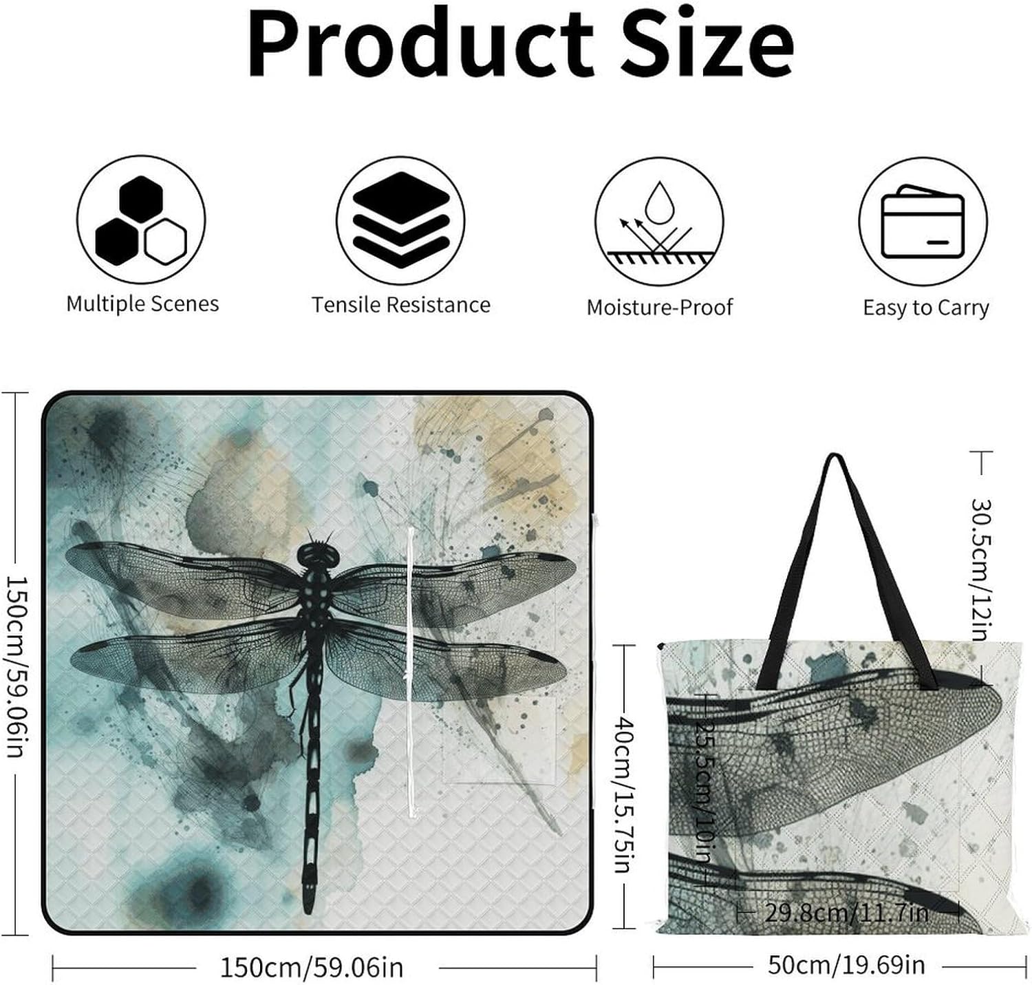 Ink Dragonfly Picnic Blanket 150x150cm, Foldable 2-in-1 Picnic Mat and Tote Bag Portable Waterproof Beach Mat Sandproof Outdoor Blanket for Park, Hiking, Beach, Camping, Travel