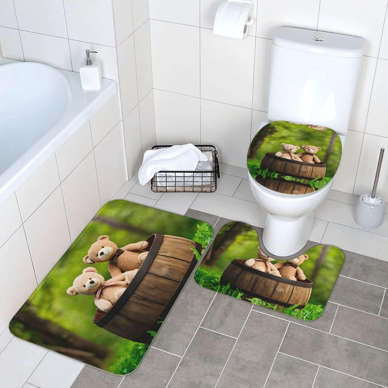 Toy Cloth Bear Print 3pc Bathroom Rug Set, Soft Flannel, Non-Slip, Absorbent Bath Mat, Contour & Lid Cover, Hand Wash