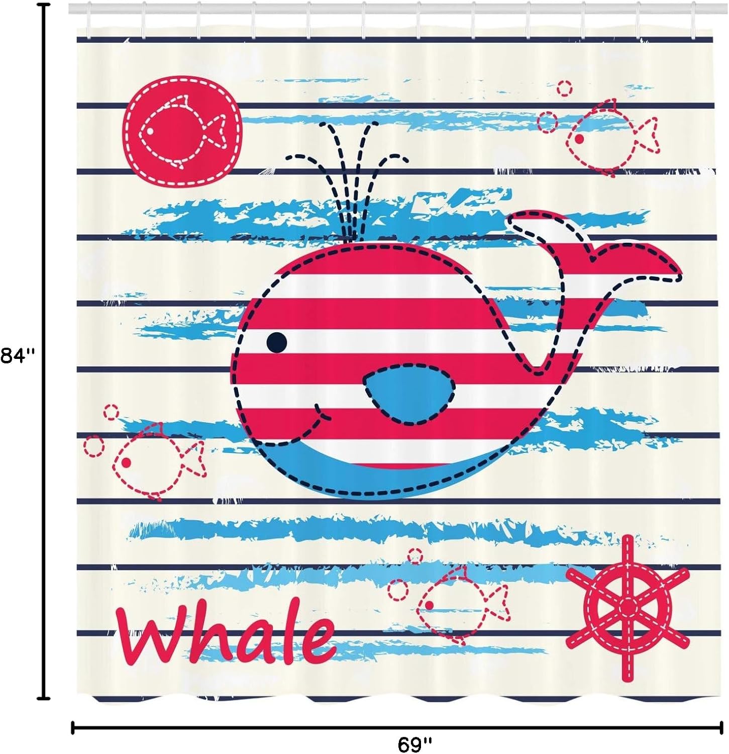 Ambesonne Cartoon Shower Curtain, Whale Swimming Fish Sailor Marine World Image Print, Cloth Fabric Bathroom Decor Set with Hooks, 69" W x 84" L, Cream Red