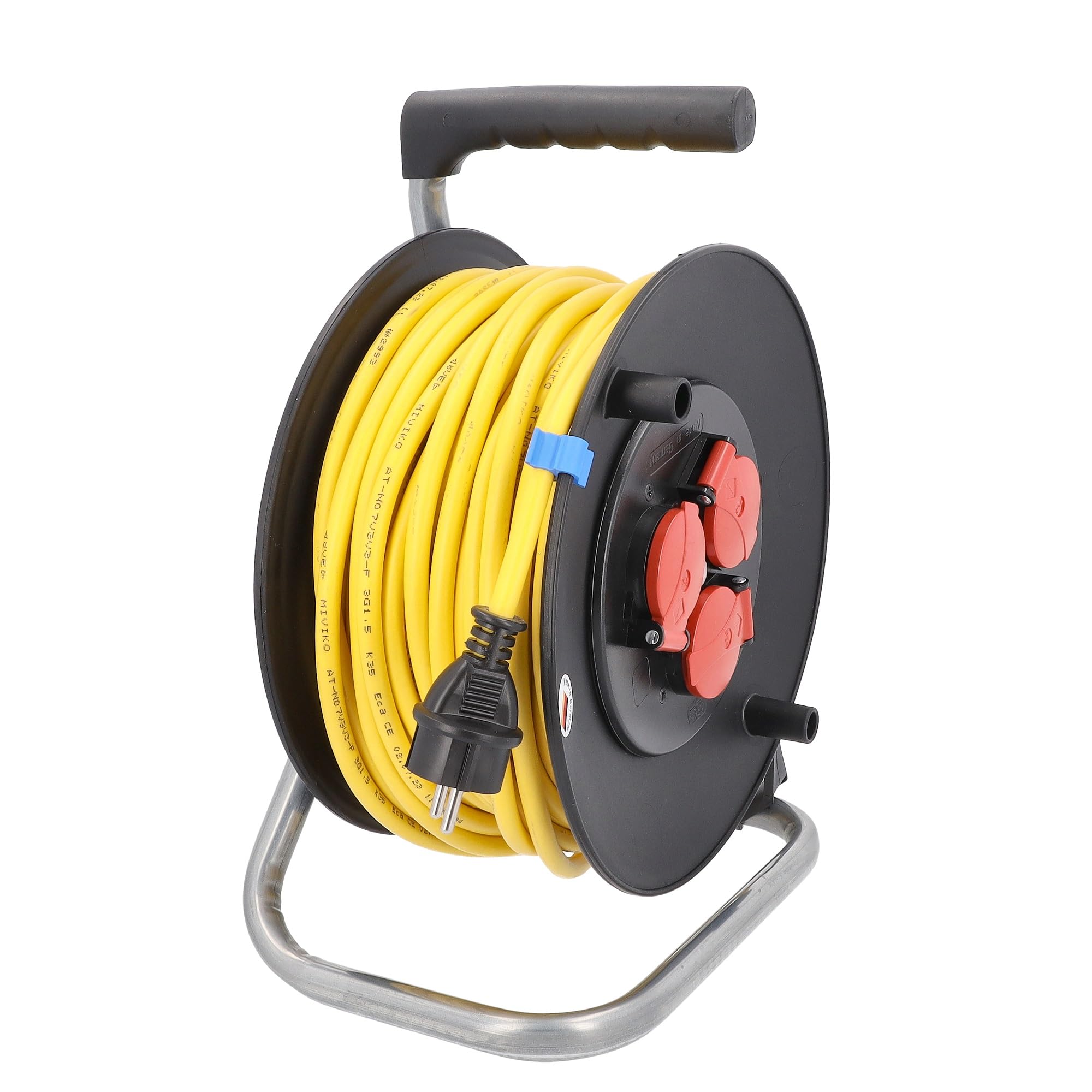as - Schwabe enrollacables 40 m AT-N07V3V3-F 3G1,5, IP44 exterior, 3 tomas de corriente con toma de tierra, freno de bloqueo, guía de cable, Made in Germany
