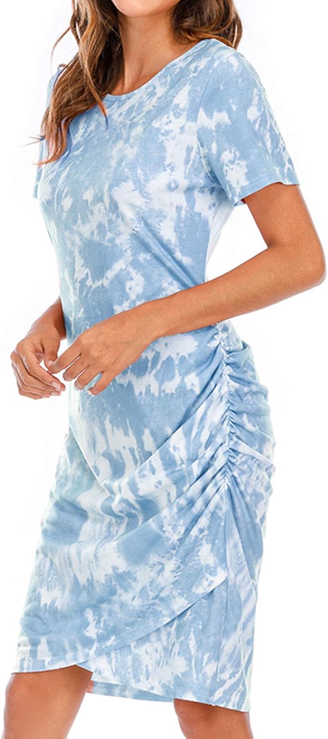 Lu's Chic Women's Summer Dress Bodycon Ruched Mini Short Sleeve Tie Dye Casual Pleated Scoop Neck