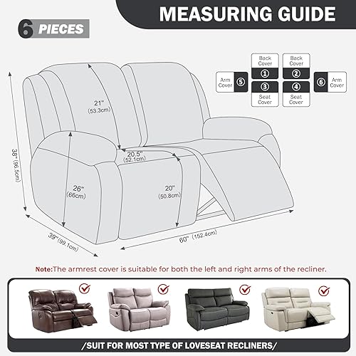 Miniatura 3 de vctops Repelente al agua, 6 piezas, funda de sofá reclinable para sofá biplaza reclinable, tela jacquard elástica, suave, protector de muebles