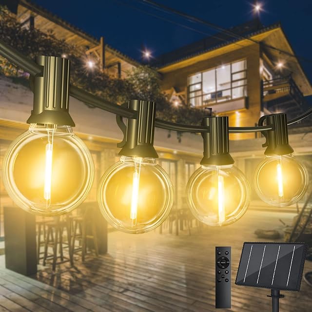 GLUROO 102FT Solar String Lights Dimmable, Outdoor Festoon Light Solar Powered, Remote Control & 4 Lighting Modes Waterproof Patio Lights, Plastic 50+2 Bulbs for Home, Garden,Wedding,Bistro,Terrace
