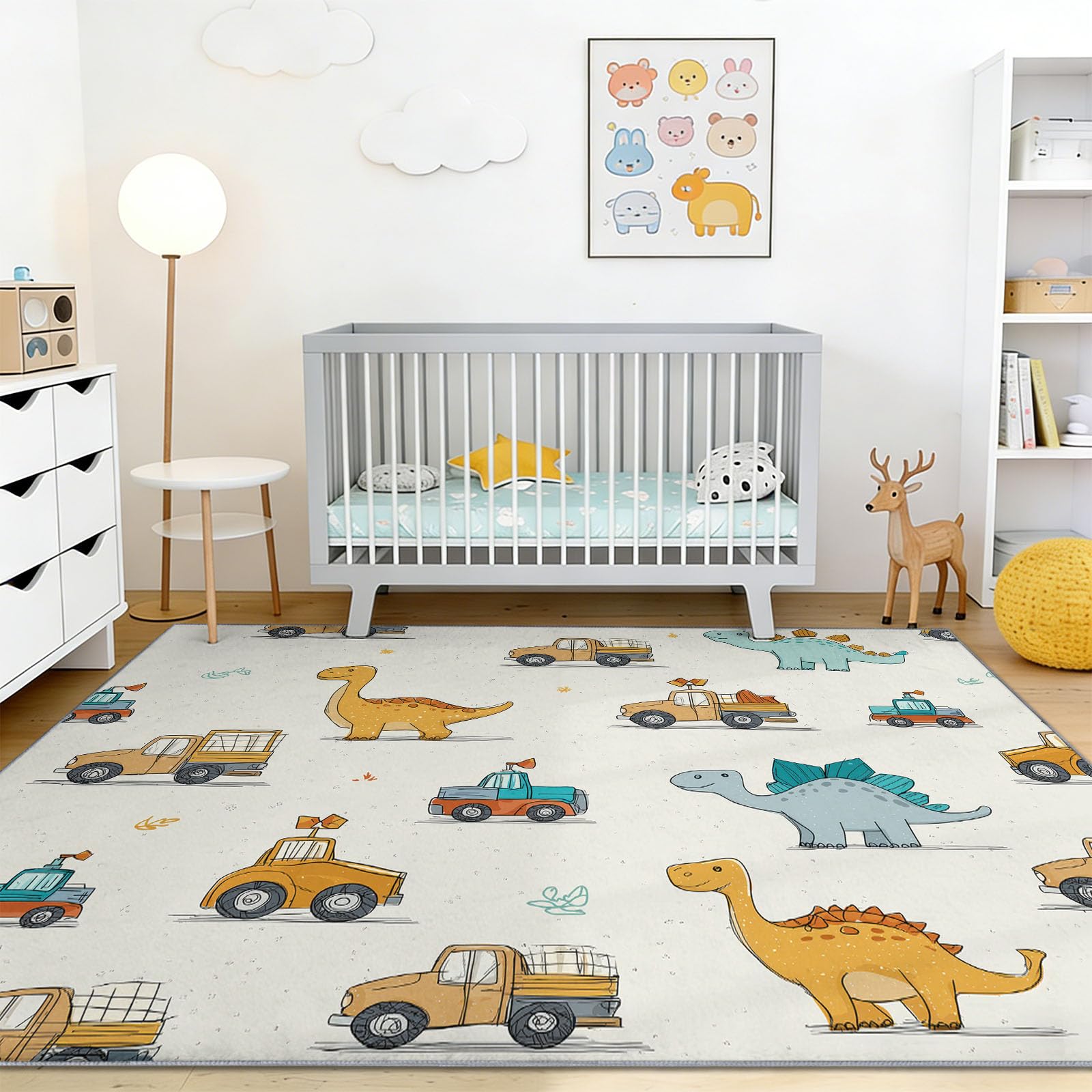 Zabawny dinozaur i ciężarówka dywan do pokoju dziecięcego antypoślizgowy spód do salonu, sypialni i pokoju dziecięcego nowoczesny dywan 140 x 200 cm, biały