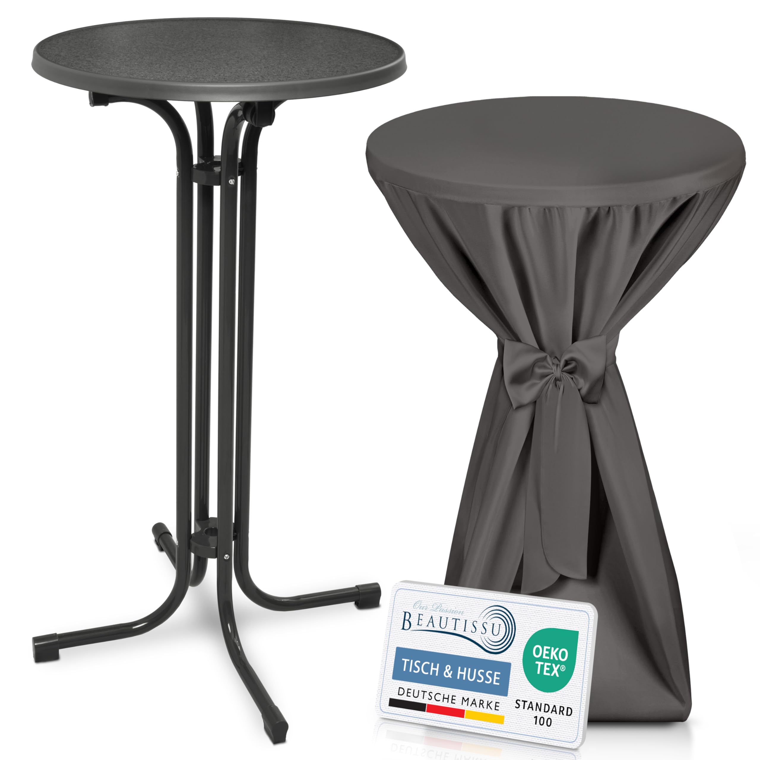 Beautissu Grauer Stehtisch klappbar 60 cm mit Premium Stehtischhusse Anthrazit & Schleifenband – Wetterbeständig Outdoor Bistrotisch rund Kratzfest UV-beständig – Husse rutschfest waschbar – Bellini