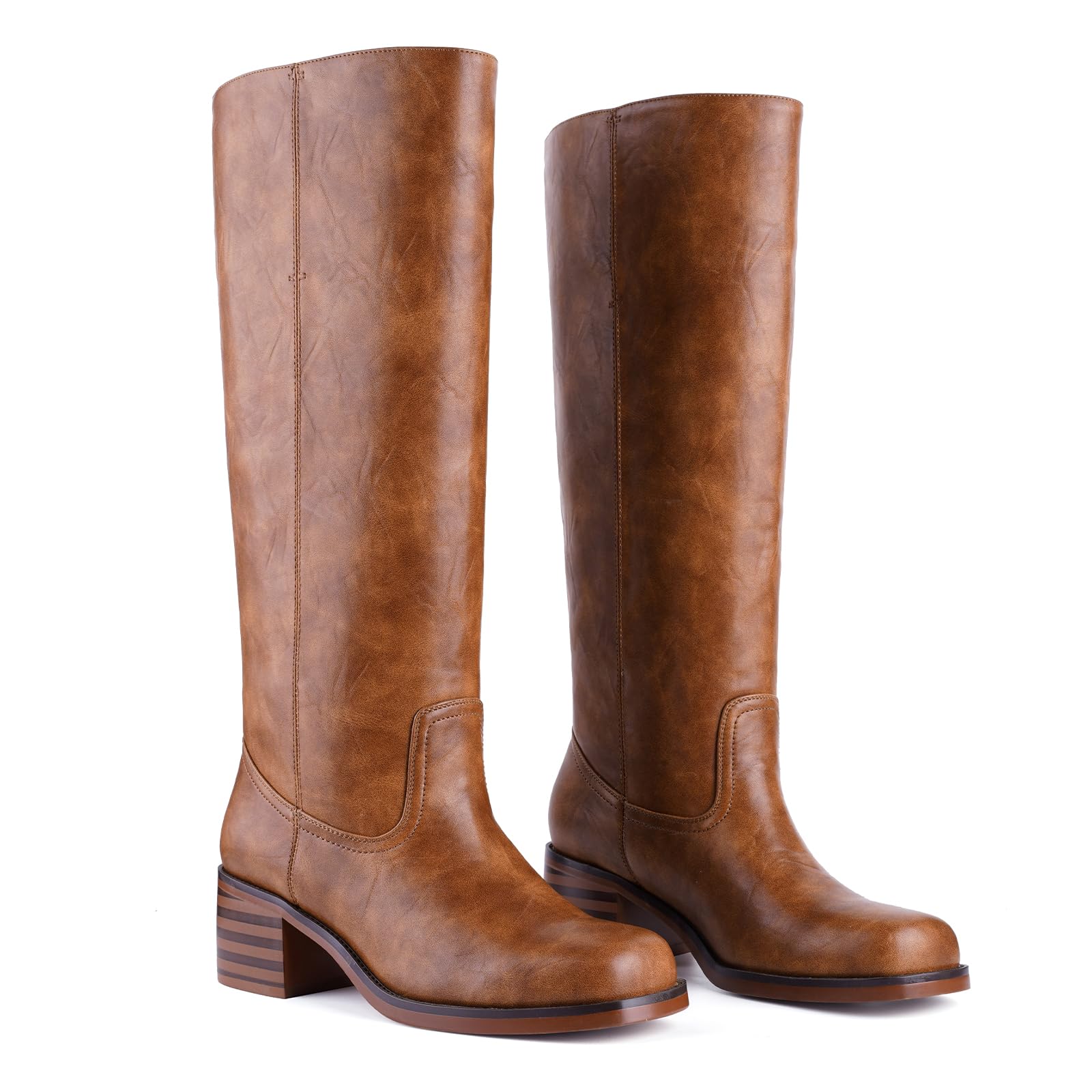 Banana Knee High Boots for Women Square Toe Chunky Block Heel Riding Boots Comfortable Low Heel Casual Wide