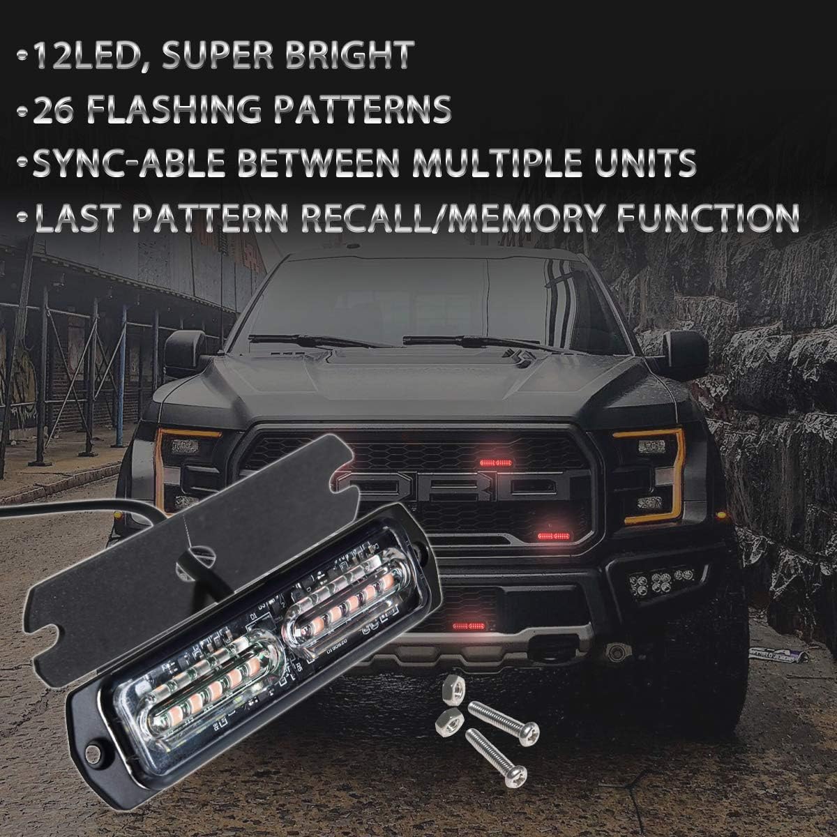 ASPL 4pcs Sync Feature 12-LED Surface Mount Flashing Strobe Lights for Truck Car Vehicle LED Mini Grille Light Head Emergency Beacon Hazard Warning lights (Red)