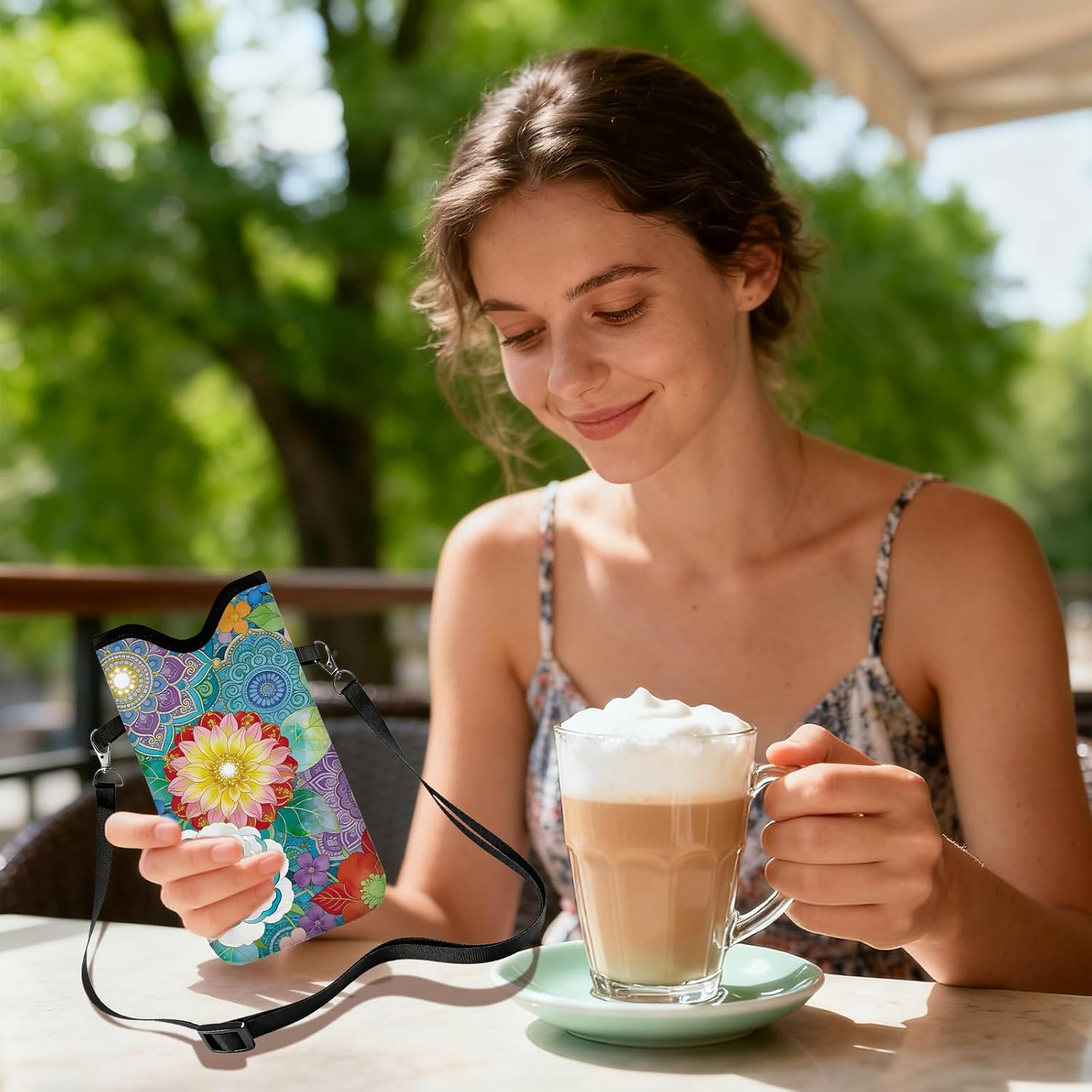 GLOBLELAND Mandala Flowers Nylon Cell Phone Sleeve Pouch Case Bag 7.1×3.9 inch Datura Flowers Shockproof Universal Phone Bag with Crossbody Strap Neck Lanyard for Women Men Phone Headphones Watch
