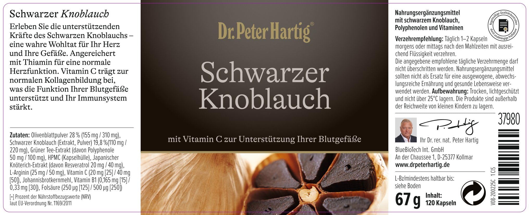 Dr. Peter Hartig Schwarzer Knoblauch 120 Kapseln 3-Monats-Vorrat Thiamin Folsäure Vitamin C Geruchsfrei Fermentiert Vegan