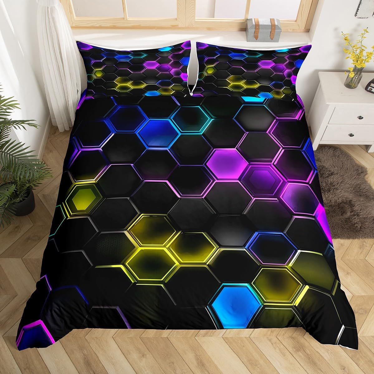 jejeloiu Boys Girls Hexagonal Duvet Cover Toddler Size, Honeycomb Comforter Cover Kids Geometric Bedding Set Black Blue Red Teens Bedroom Decor Bed Set with 1 Pillow Case (No Comforter)