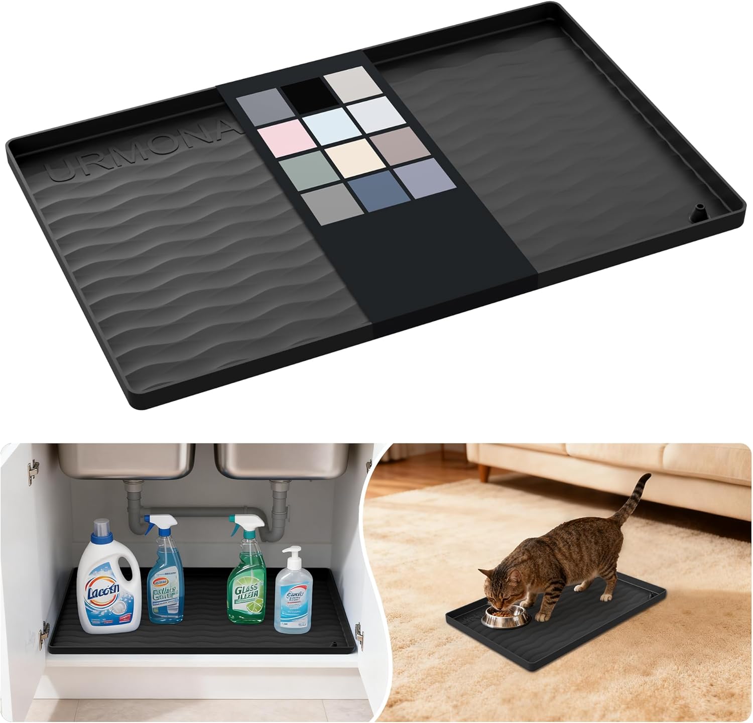 urmona waterproof silicone under sink mat 16'' x 10'' shelf liner for kitchen and bathroom, cabinet and counter protector, storage and organizers, litter mat, pet cat puppy essentials(black) black 10"w x 16"l