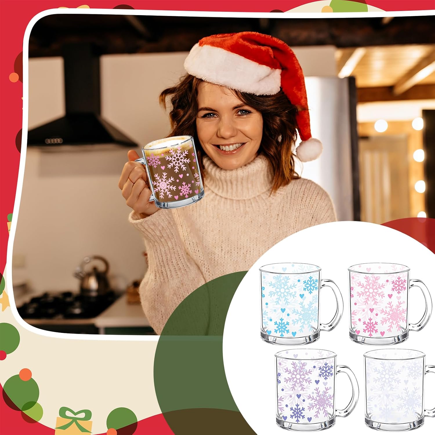 Whaline 4Pcs Christmas Snowflake Glass Coffee Mug Set 12 oz Winter Snowflake Glass Cups with Handle Xmas Winter Holiday Gifts Clear Drinking Wine Beverage Glasses for Hot Cold Drinks Water Tea Milk