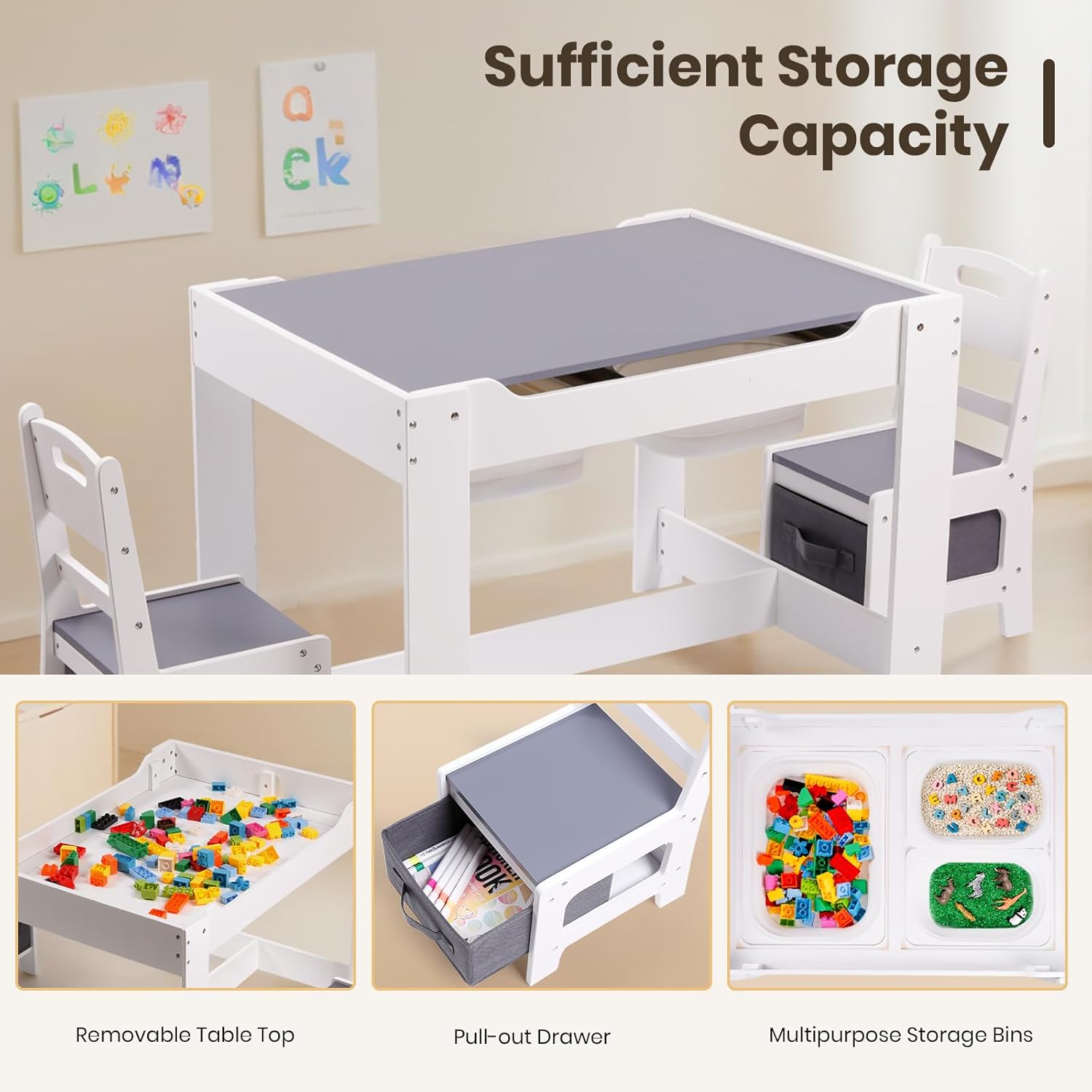 4 in 1 Toddler Table and Chair Set, Wood Kids Activity Play with Toy Storage, 2 Drawers, Detachable Tabletop for Crafting, Reading, Dining, Sensory Table with Bins for Home, Nursery (White)