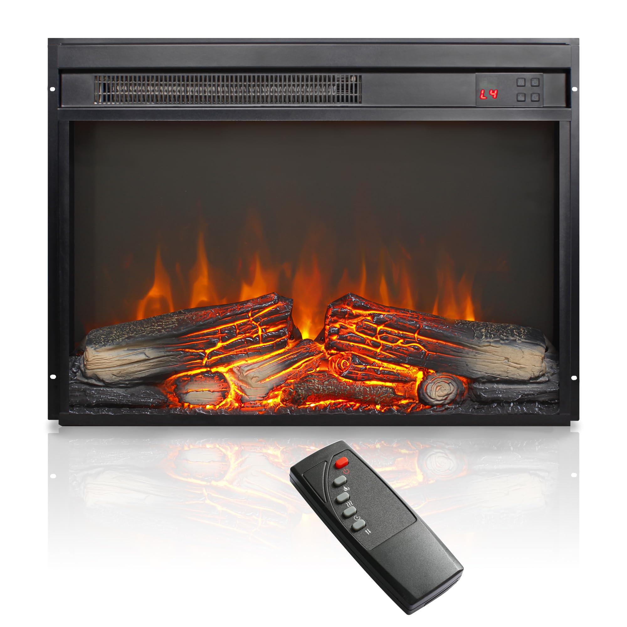 23" Electric Fireplace Insert with Real Fire Crackling Sound, Adjustable Flame &amp; Thermostat, 1400W, 4 Adjustable Brightness Settings, Overheating Protection, Remote Control &amp; 8H Timer, Black