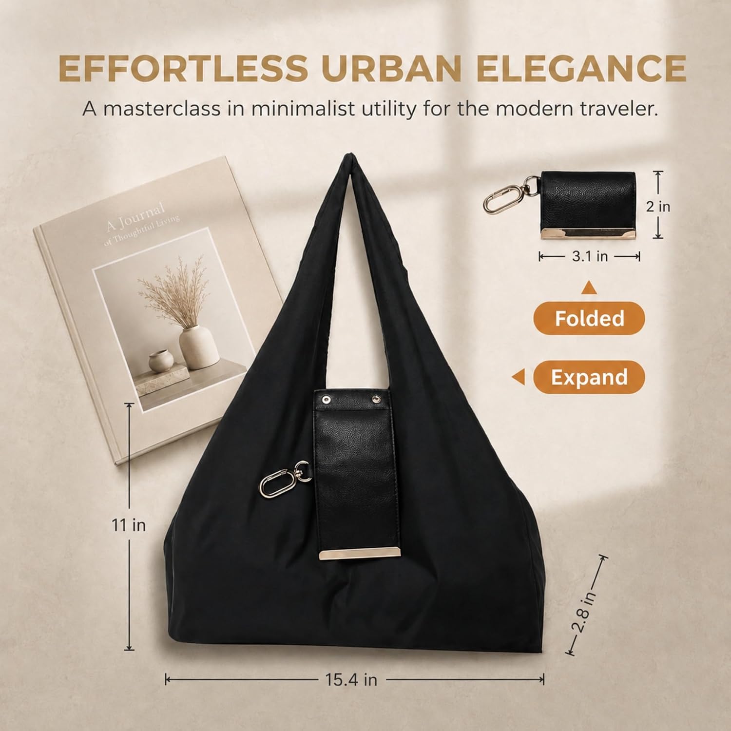 Foldable Keychain Tote Bag with Clip, Reusable Nylon Shopping Bag image 3