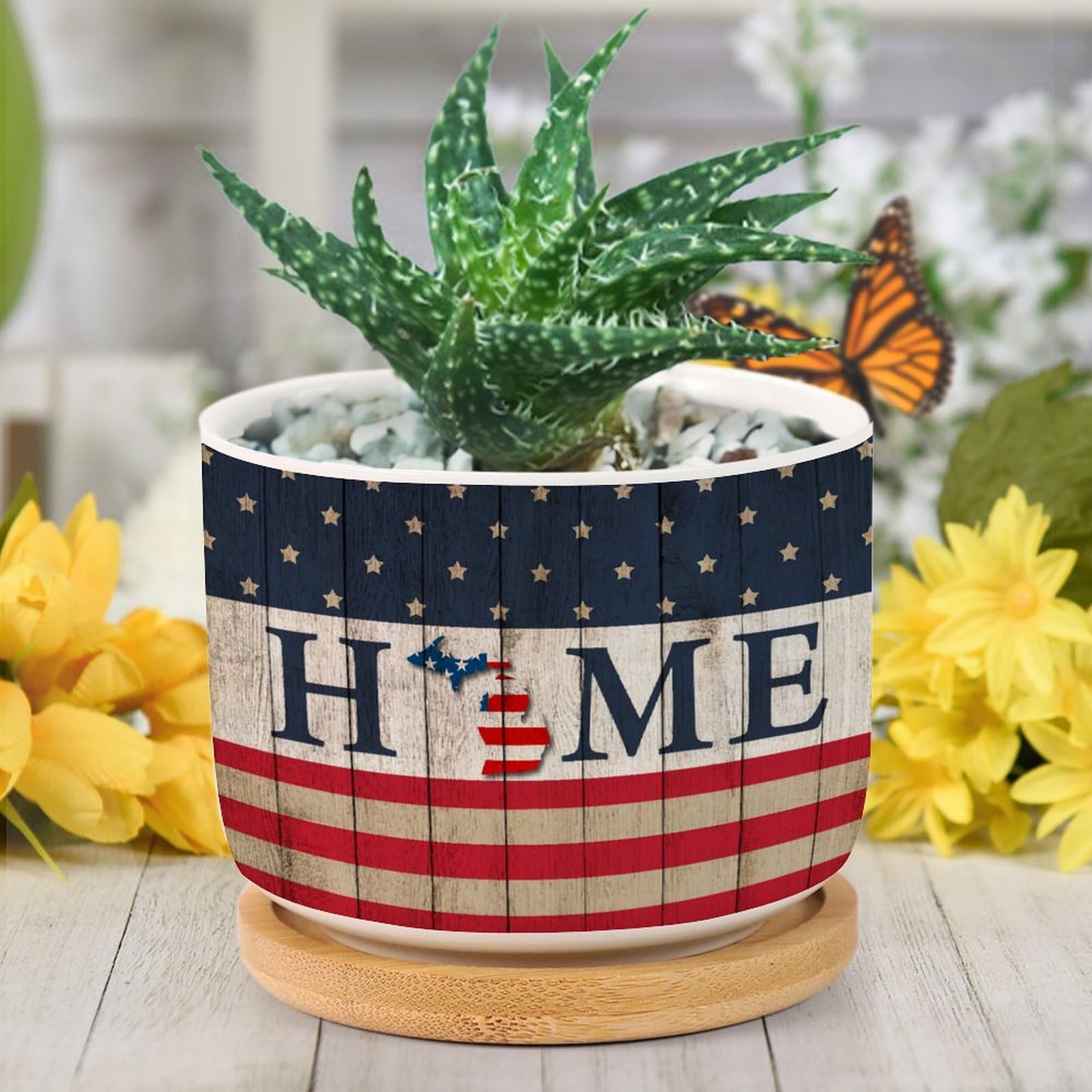 Independence Day American Flag Home USA State Michigan Ceramic Flower Pots,Gardening Plant Pot with Drainage Holes And Saucers Round Ceramic Pots for