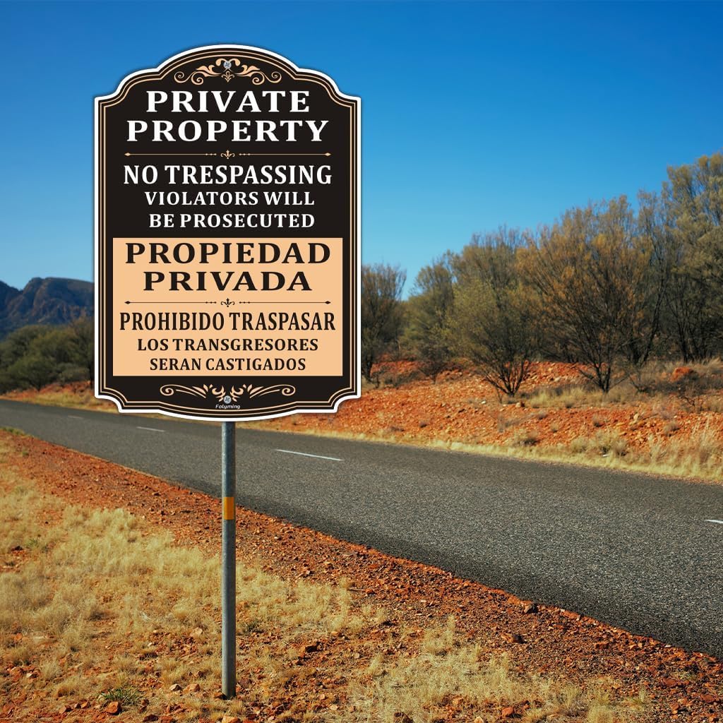 Paquete de 2 letreros bilingües de propiedad privada con texto en inglés "No Trespassing Violators Will Be Prosecuted", de 10 x 14 pulgadas, letreros de propiedad privada, letreros reflectantes de