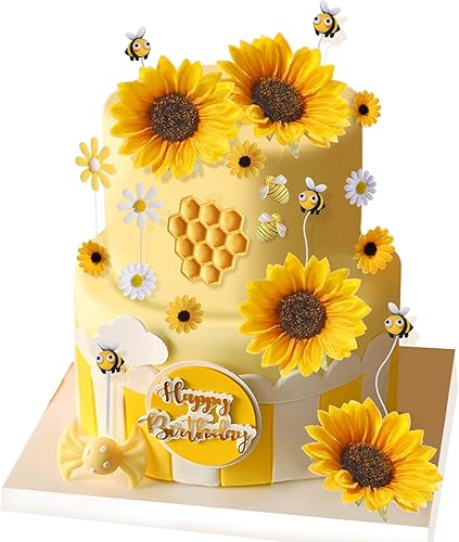 RAYNAG 44 piezas de decoración de pastel de abeja, juego de adornos de pastel de margaritas de girasol para baby shower, boda, decoración de pastel