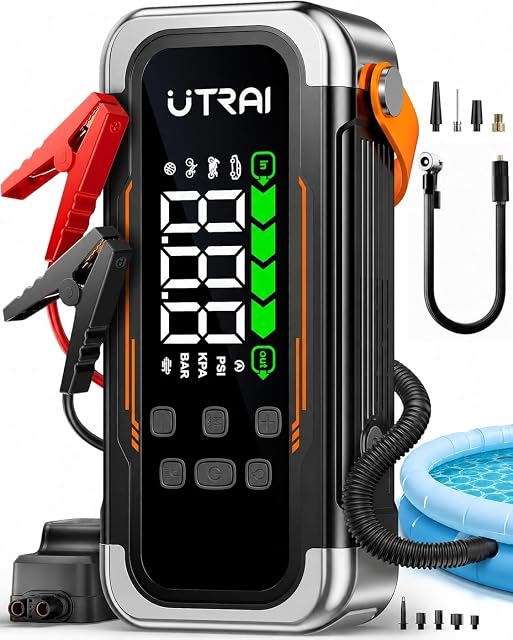 6000A Car Battery Booster Jump Starter with Air Compressor & Air Blower | Portable Car Booster Pack Jump Starter (All Gas/10L Diesel) Battery Booster with 150PSI Tire Inflator, 3 LED Light, Case