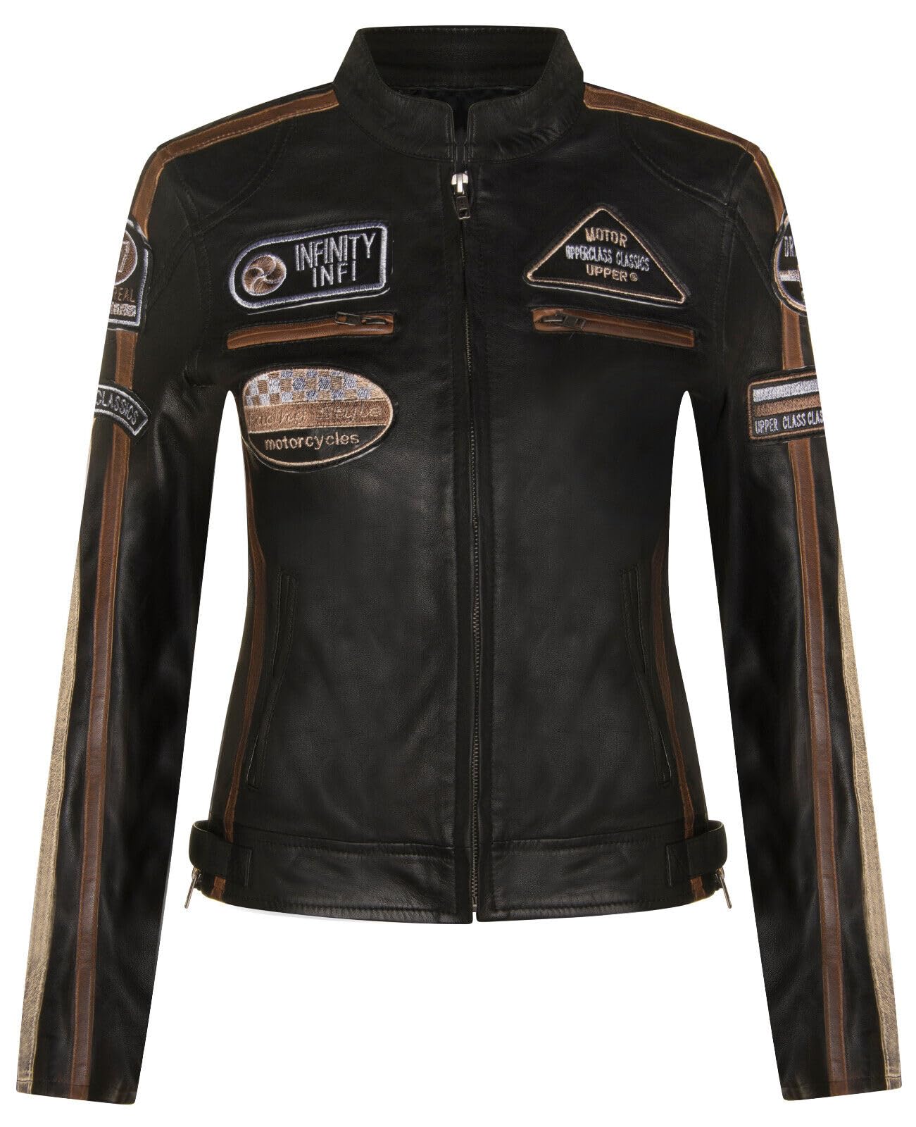 Infinity Leather Women's Black Leather Biker Racing Badges Jacket-Agadir In | : Size 22