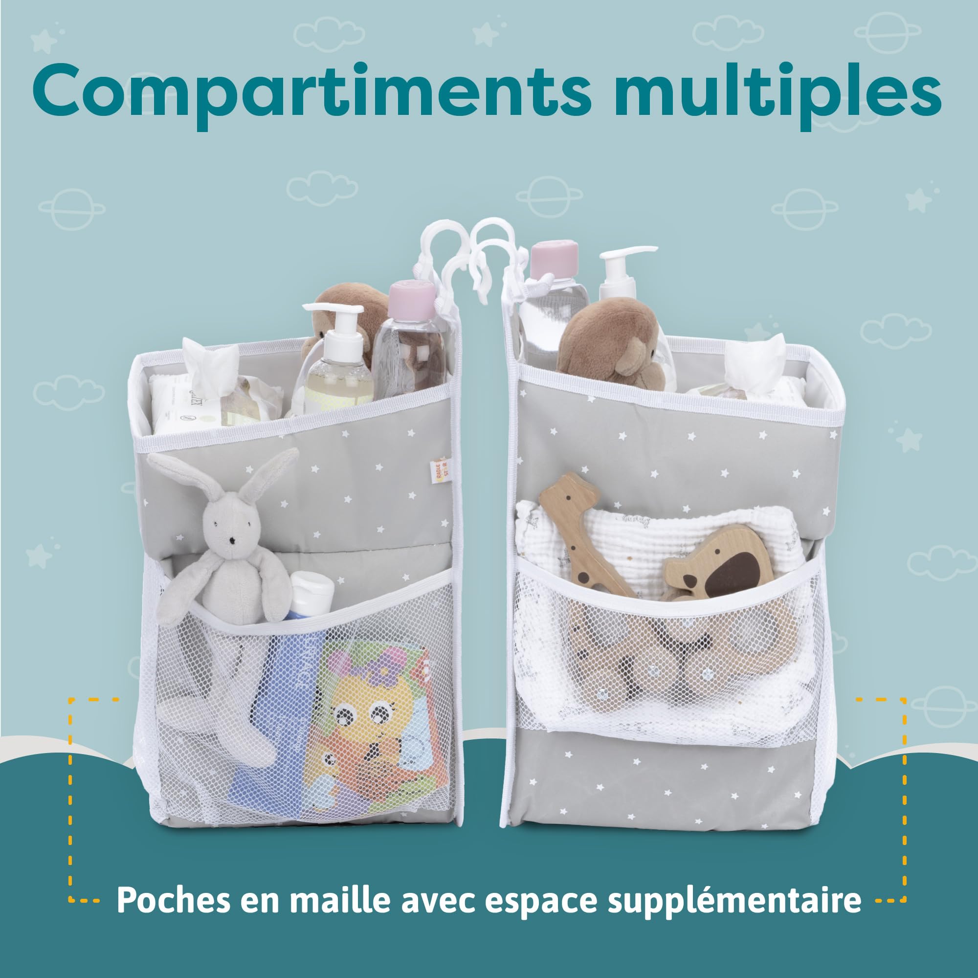 Corbeille Pour Table à Langer à Suspendre - Organisateur Pour Nécessaire à Bébé - Rangement Couches avec Plusieurs Poches - 43 x 23 x 23 cm - Gris