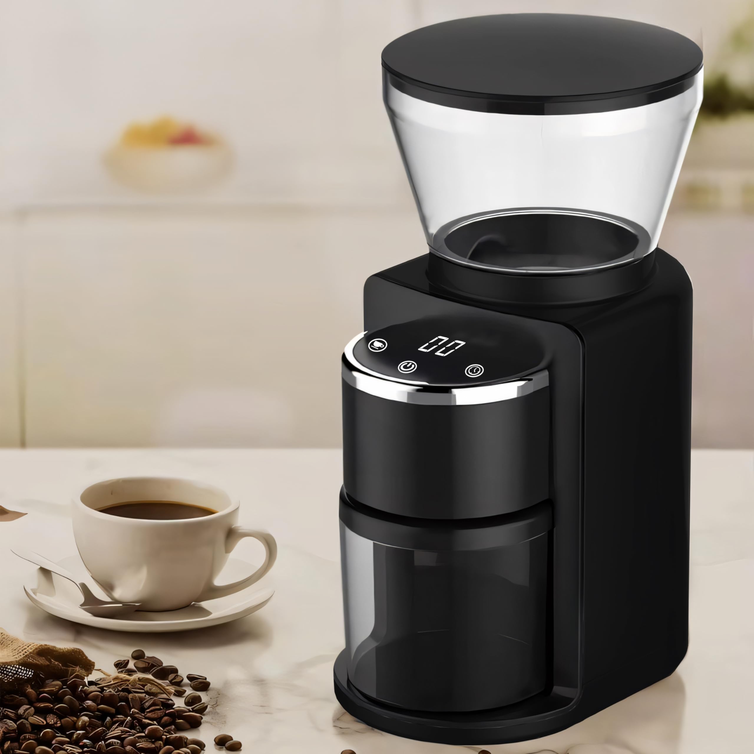 Retoo Elektrisch Kaffeemühle mit 52 Mahlgrad und Digitalanzeige, 110g Kaffeebohnenbehälter 180 Watt 500 U/min Scheibenmahlwerk für Kaffeebohnen Coffee Grinder, Kunststoff Edelstahl Schwarz