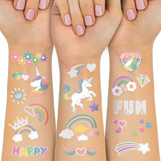 Waterproof Temporary Tattoos - 118pcs Groovy Fake Tattoo for Kids Birthday Party Supplies, Star Unicorn Smiley Rainbow Flower Candy Crown Arts and Crafts for Boys or Girls 6 7 8 9 10 11 12 years old