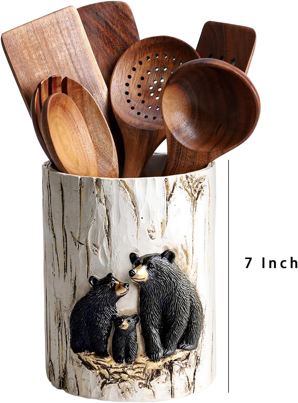 Resin Black Bear and Stump Kitchen Utensil Holder, Large Cooking Utensil Crocks for Countertop-Family