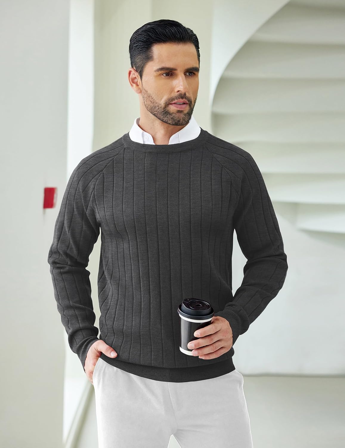 COOFANDY Mens Crewneck Pullover Sweaters Business Casual Long Sleeve Slim Fit Sweater Chunky Cable Knit Sweater - Image 3