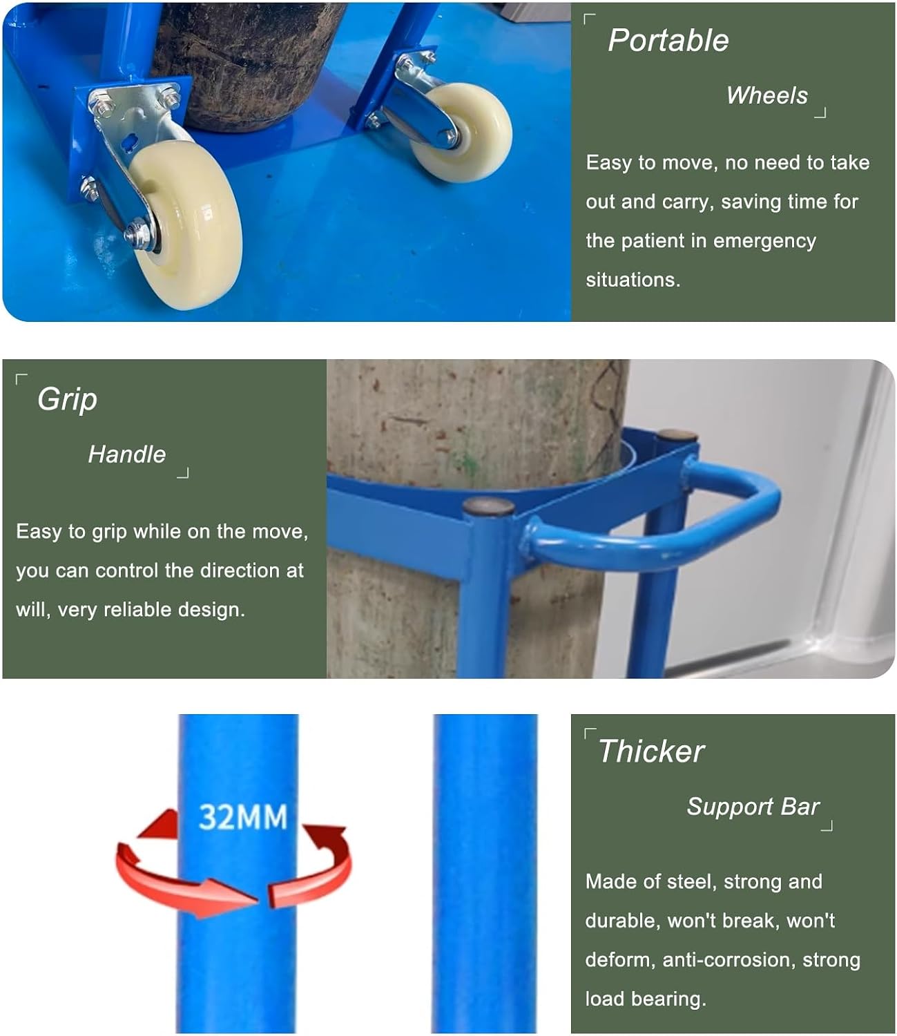Heavy Duty Universal Oxygen Tank Holder Cart - Portable Rolling Trolley for 2 Gas Cylinders - Durable Rack for Laboratory, Factory & Medical Use