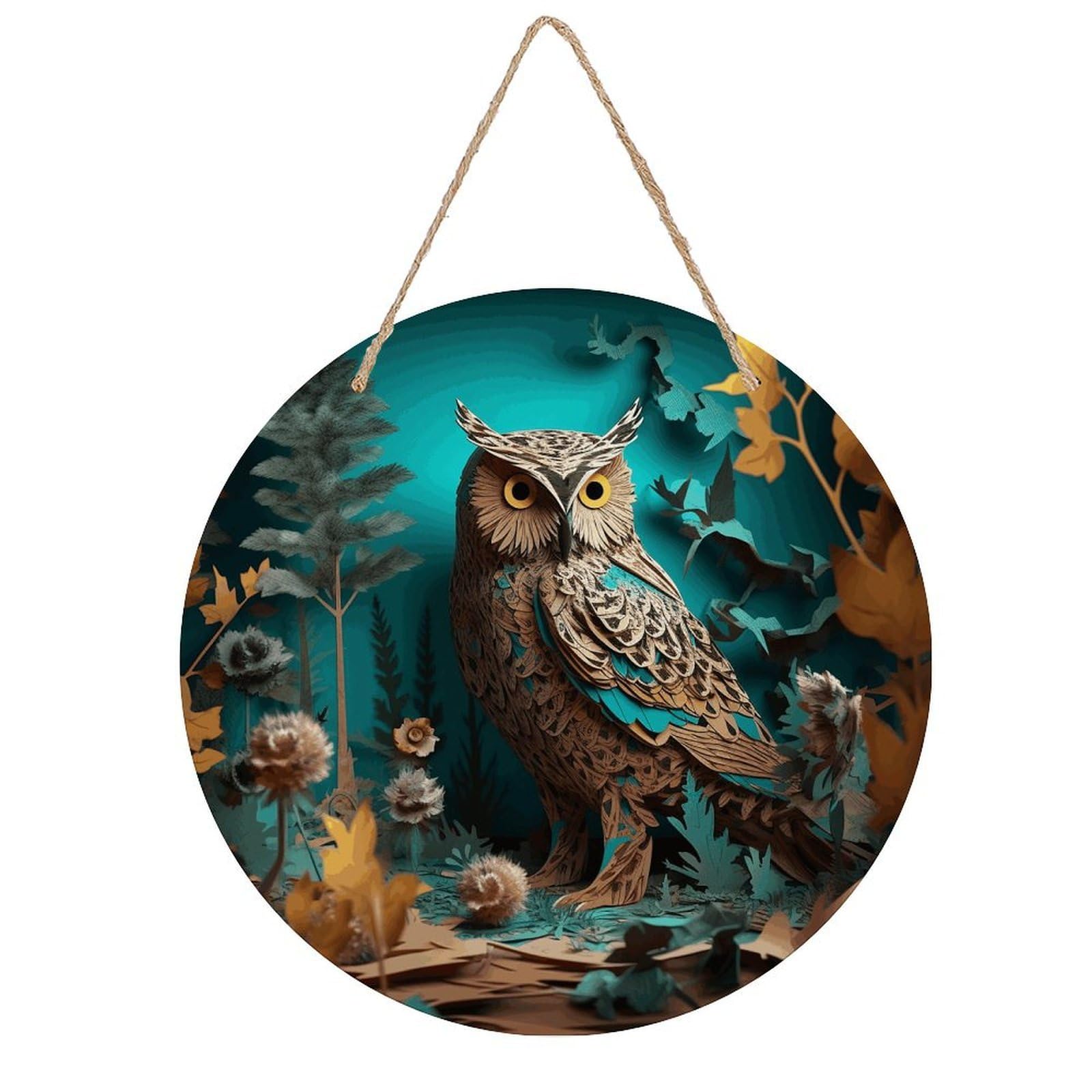VstaDank Owl Wall Art Decor with Ropes Wooden Hanging Sign Hanging Wall Decor Artwork Round Wood Painting Modern Wall Prints Decor Picture for Office Bar Home Decors